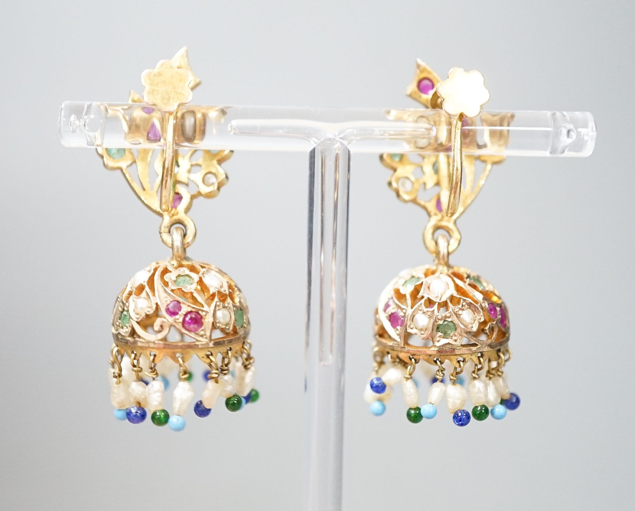 A pair of Indian? yellow metal and multi-gem set drop ear clips, 41mm, gross weight 13.2 grams.